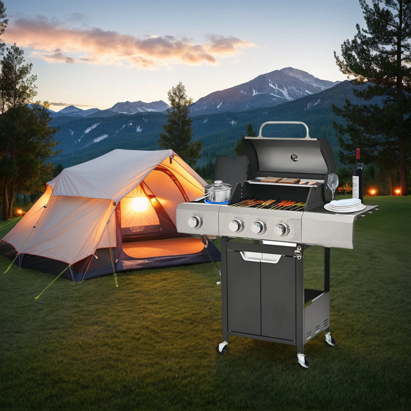 Barbecue au propane en acier inoxydable à 4 brûleurs avec brûleur latéral et couvercle, barbecue extérieur, 3 Burner