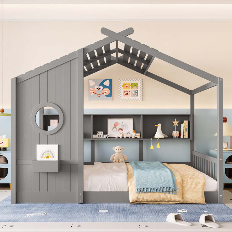 Lit de rangement avec tablette de rangement, gris, Complète