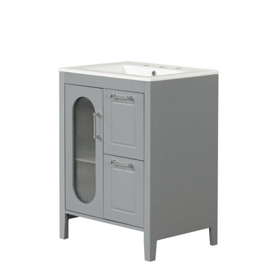 Meuble-lavabo 24 po avec lavabo - armoire en bois massif et panneau de fibres à densité moyenne, 2 tiroirs et 1 porte, tablette réglable