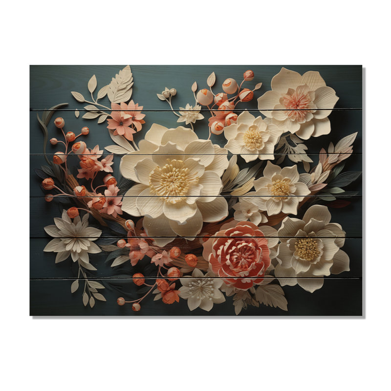 Art asiatique, fleurs éternelles I sur bois, H 24 po x l 32 po x P 0,78 po