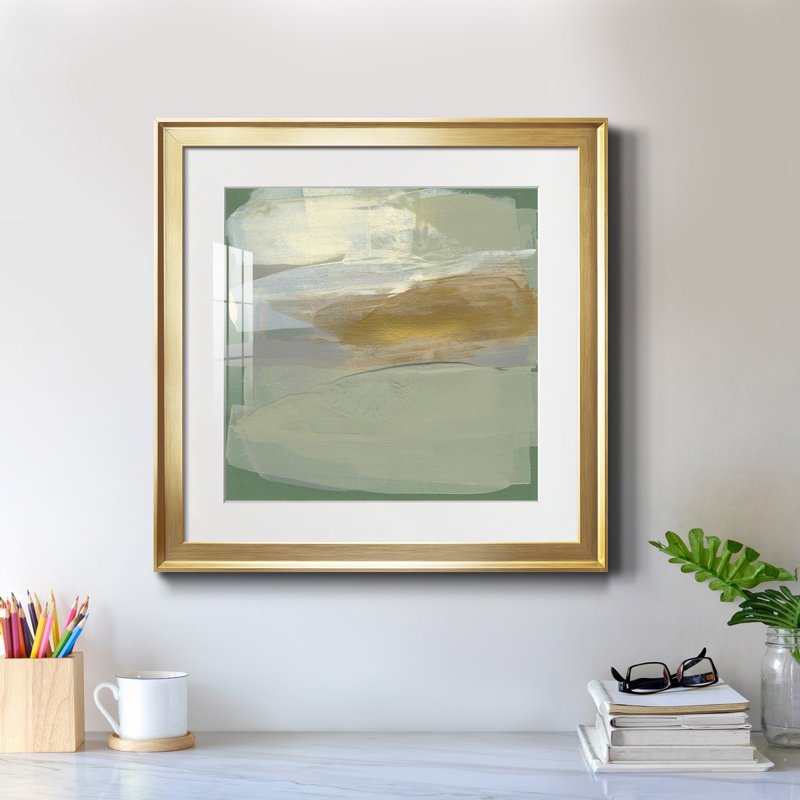 «Sage & Gold Swipe I», reproduction encadrée prête à accrocher, Cadre doré, H 28 po x l 28 po x P 1 po