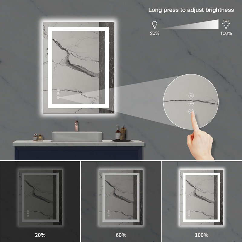 Miroir de salle de bain mural sans cadre à DEL à intensité variable et antibuée, 36 po x 28 po, Rectangulaire
