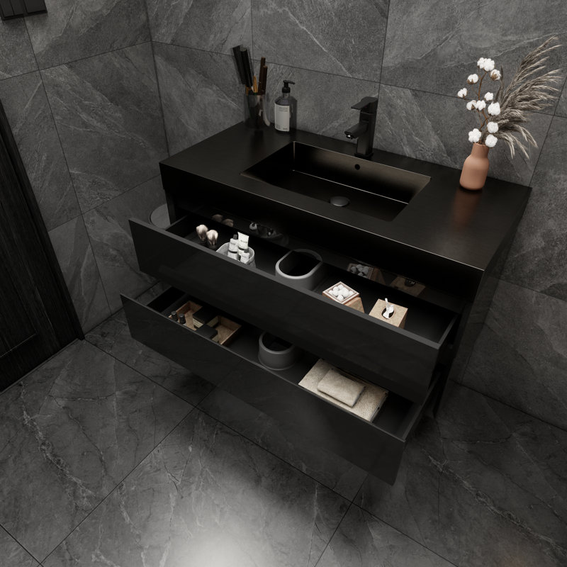 Golitz 42 " W Wall Mounted Wall Mounted 1 Single Vanity Bathroom Vanity With Stainless Steel Top, Glossy Black