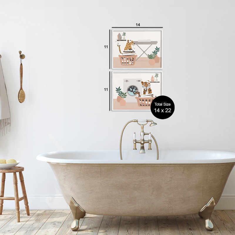 Wild Jungle Cats & Laundry, ensemble de 2 giclées encadrées, design par Natalie Carpentieri, H 11 po x l 28 po