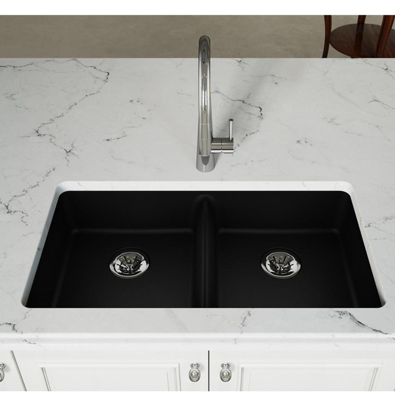 Quartz Classic 33" x 18-1/2" x 5-1/2" Double Basin Undermount Kitchen Sink with Basket strainer, Black