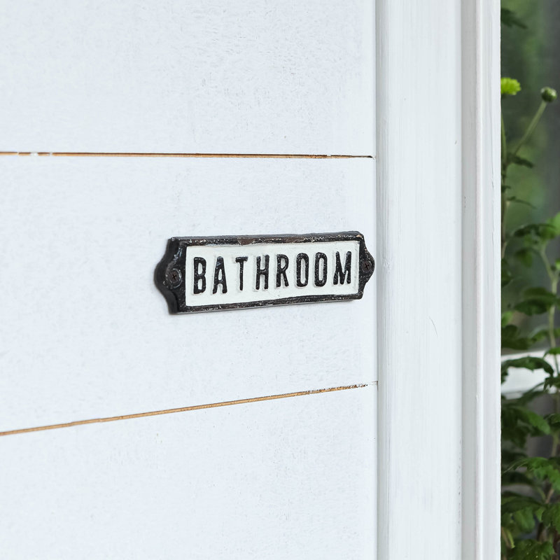 Cast Iron Bathroom Door Sign, White/Black Text, 1.38" H x 5.91" W x 0.2" D