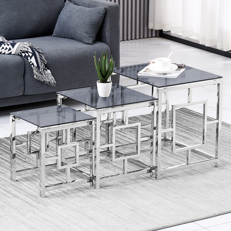 Broadoaks Classic 3 - Piece Stainless Steel Nest Of Tables With Tempered Glass Top For Living Room, Dark Top/Chrome Base