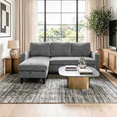 Upholstered L-Shaped 3-Seater Sectional Sofa with Footstool