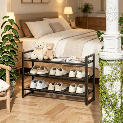 3-Tier Expandable Shoe Rack, Adjustable Stackable Shoe Organizer, Heavy-Duty Metal Mesh Free Standing Shoe Shelf Storage for Closet Entryway Hallway,