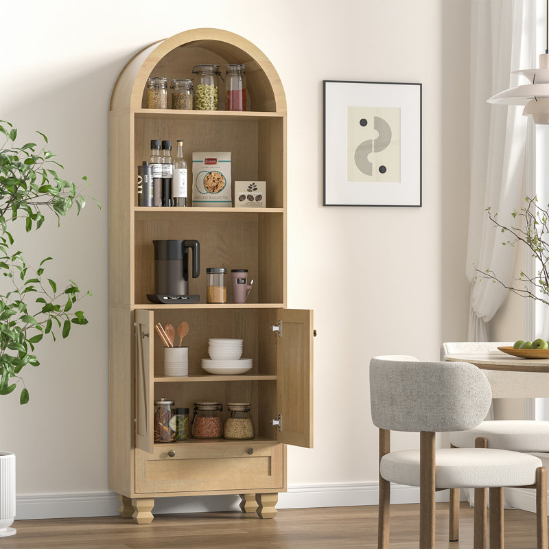 6-tier 71" Tall Arched Storage Bookcase With Cabinets And Drawer, Oak