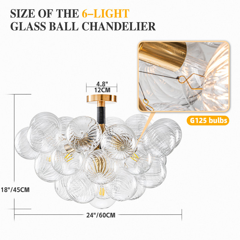 Semi - Flush Ceiling Light Fixtures, Clear Ribbed Texture Glass Balls Shade - 24" X 18", Black