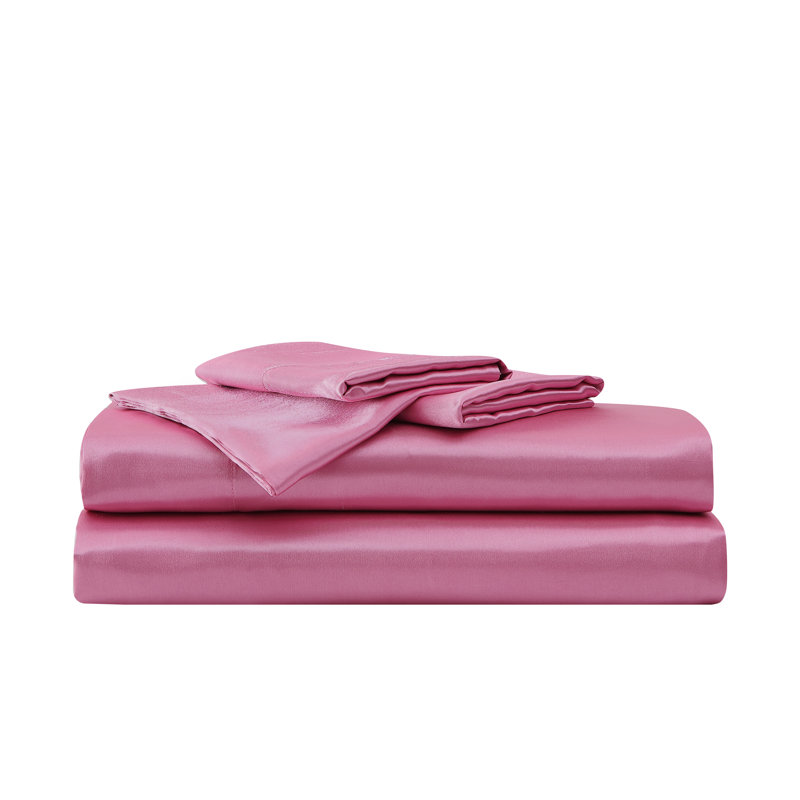 Betsey Johnson Soft Satin Sheet Sets, King Sheet Set with 2 Pillowcases, Solid Pink