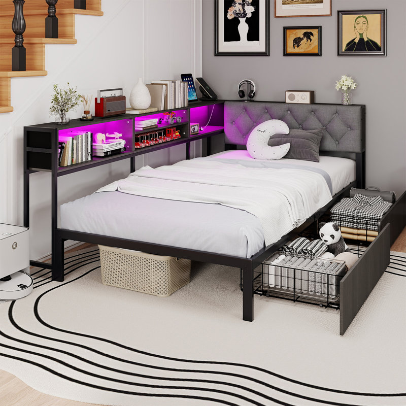 Twin XL Corner Bed Frame with Upholstered Headboard and LED Lights,Daybed with 2 Storage Drawers,Charging Station and Storage Bookcase