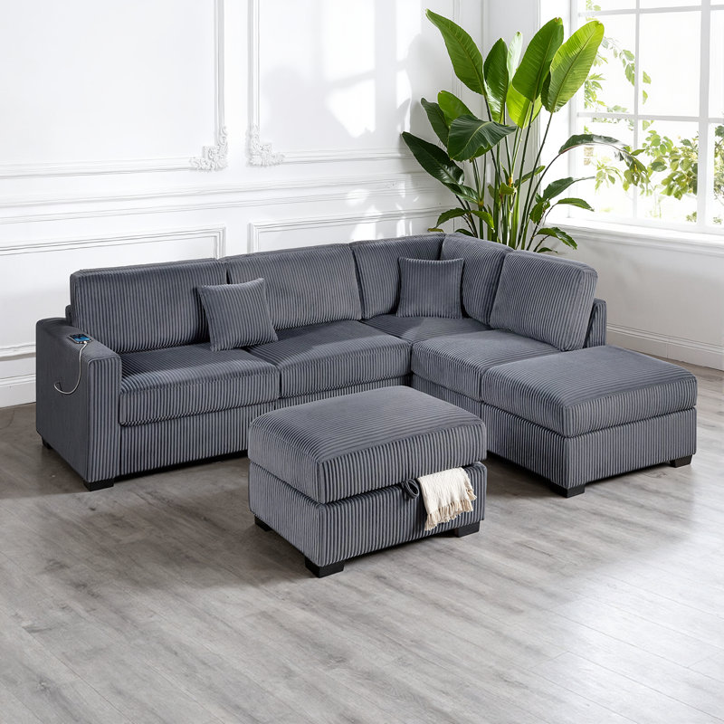 Canapé modulaire modulaire 3 pièces avec charge USB et repose-pieds avec rangement, Gris foncé