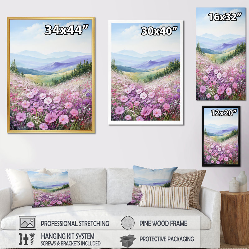 Œillets mauves en montagne I sur toile, Cadre simple noir, H 32 po x l 24 po x P 1 po