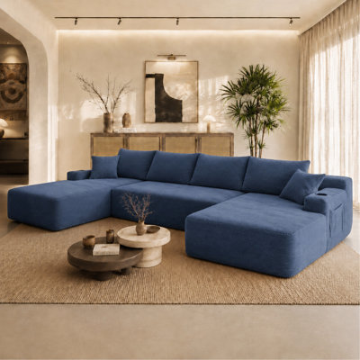 Canapé modulaire 126 po avec méridienne en forme de U, poches latérales et porte-gobelet de 126 po, conception modulaire moderne, assise profonde, canapé rembourré pour le salon / la chambre à coucher, aucun assemblage requis (velours côtelé)