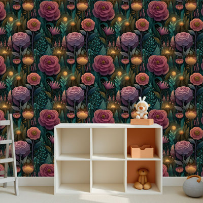 Peel and Stick PVC Wallpaper, Removable Self-Adhesive Wall Covering With Seamless Floral Fantasy Design Roses Vines Print, Waterproof for Home Decor - Roll