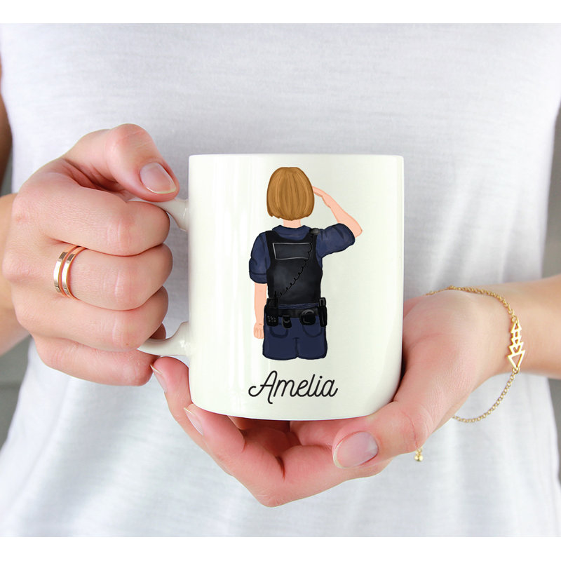 Tasse à café personnalisée, Blanc / jaune, femme, agent de police 22, Oui