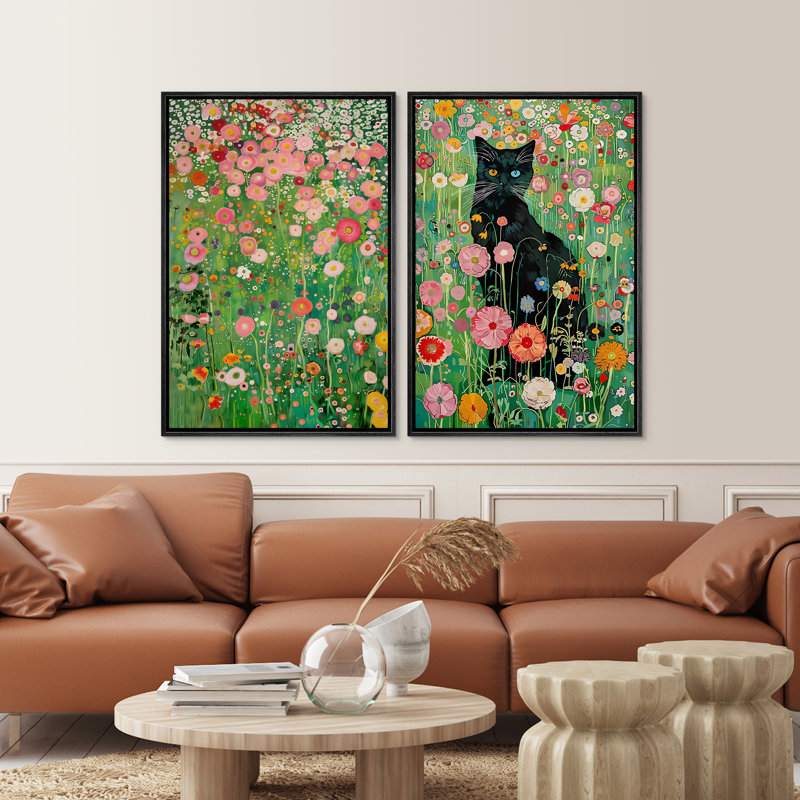 Gustav Klimt, chat noir dans un champ de fleurs sauvages, art moderne boho moderne, Noir, H 24 po x l 16 po