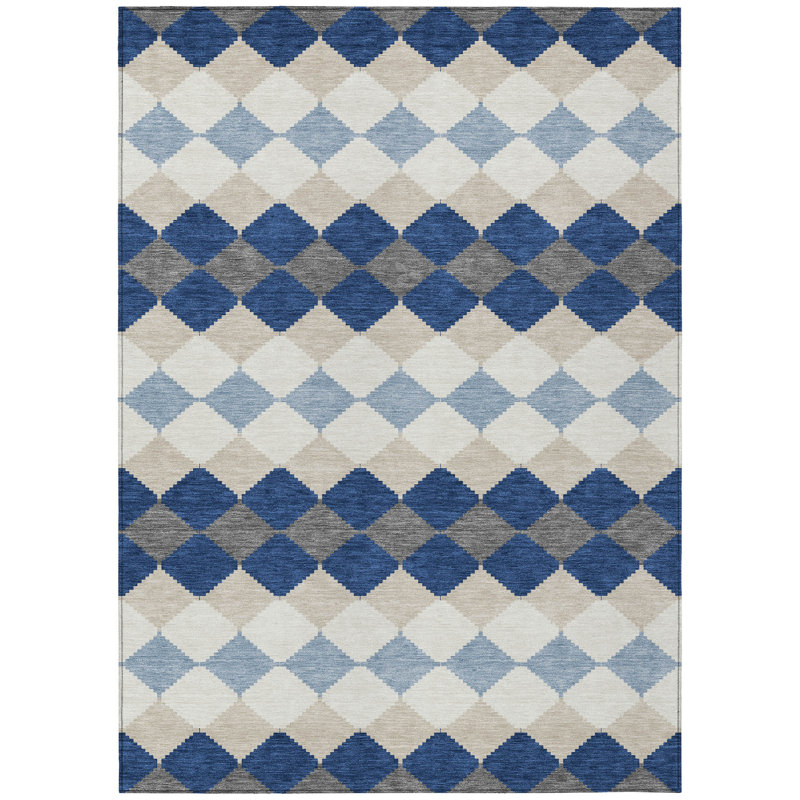 Blue and Beige Diamond Pattern Washable Synthetic Rug