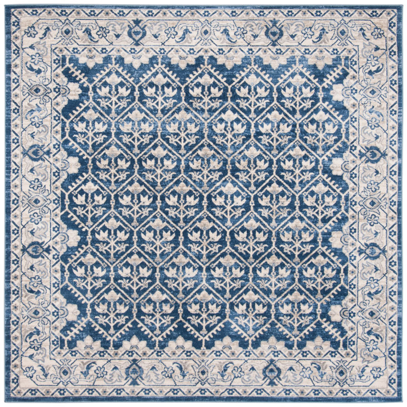 Asucena Oriental Navy/Light Gray Area Rug, Square 5'