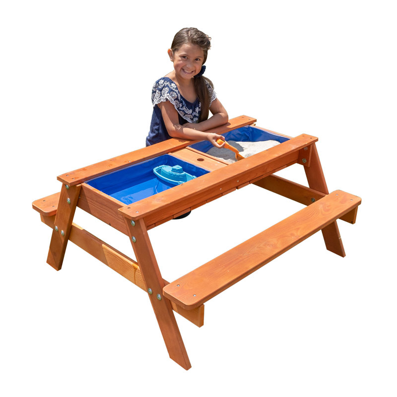Table de pique-nique en bois avec jeu de sable, jeu d'eau et trou pour parasol (sans parasol)