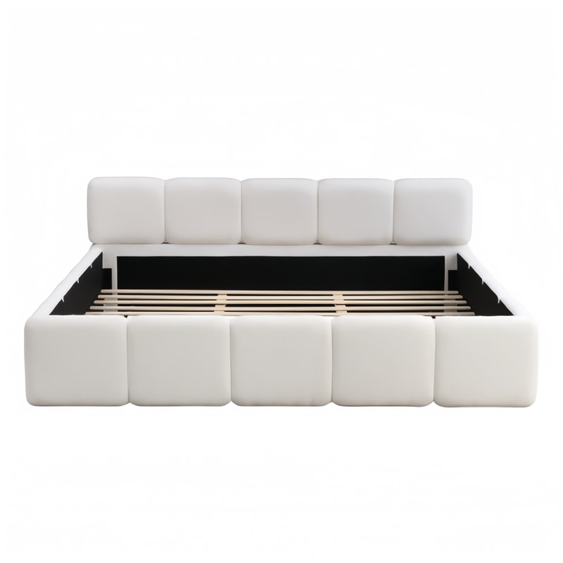 Lit plateforme très grand avec tête et pied de lit Boucle Thick, style bloc rembourré, blanc, Très grand lit, Blanc