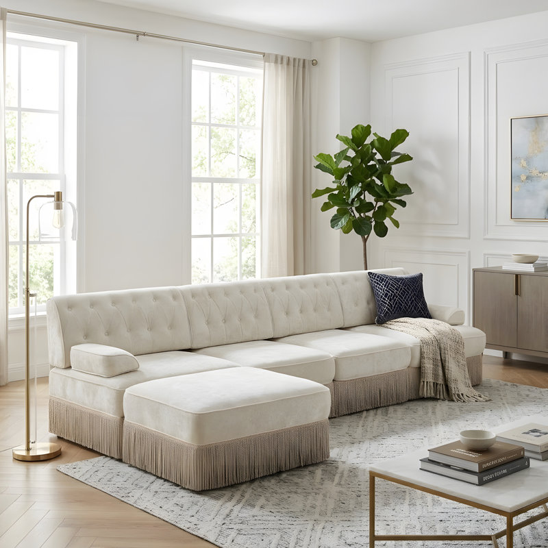 Canapé en L confortable, respirant et à franges, Beige Velvet, 34.2" H x 135.6" W x 60.3" D