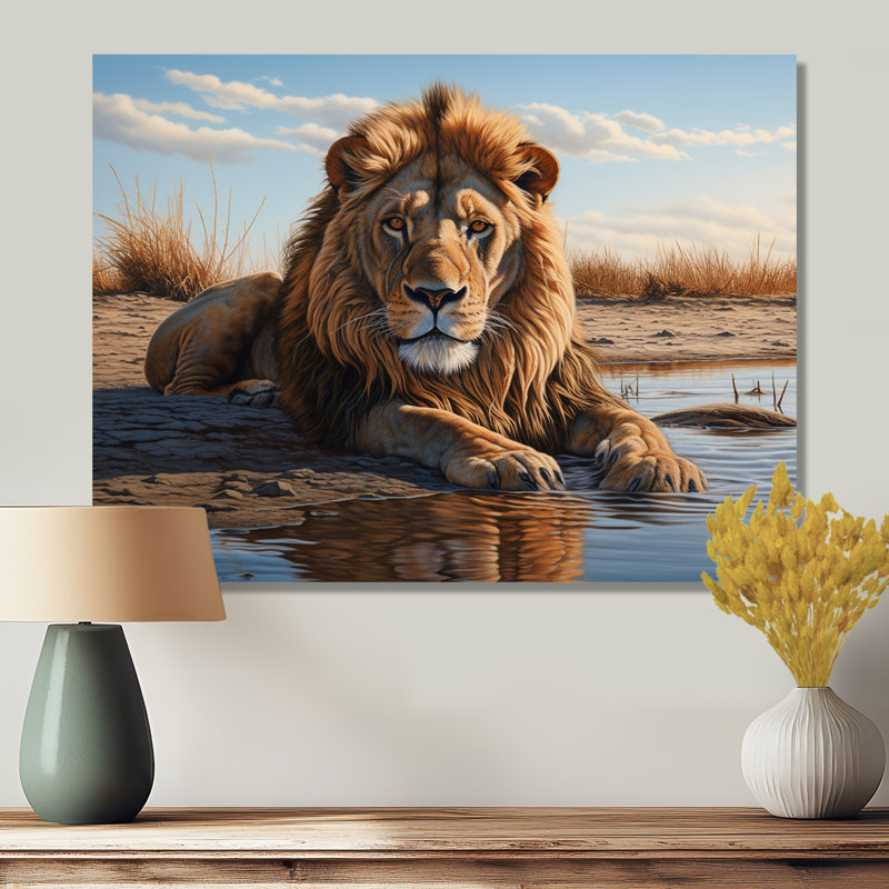 Lion se reposant au bord de la piscine d'eau - impression d'art mural lion, Sans cadre, métal, H 34 po x l 44 po