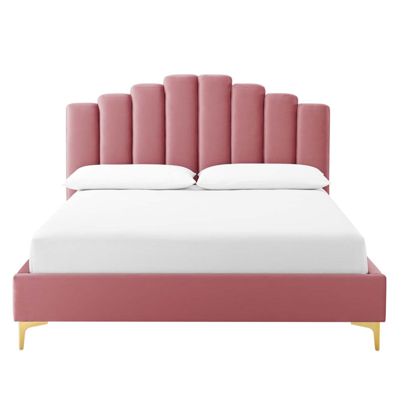 Grand lit plateforme en velours Olivia, Vieux rose