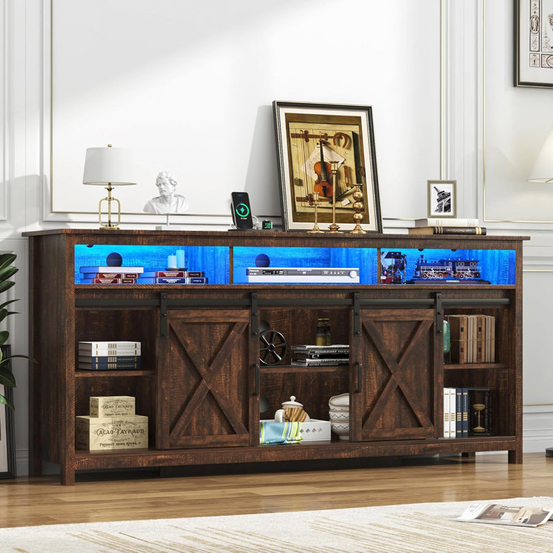 70” Wooden Farmhouse TV Stand for 70/80 inch TV,Double Layer Storage Entertainment Center TV Console Table,w Double-Row Sockets and 2 Sliding Barn Door,Media Cable Box