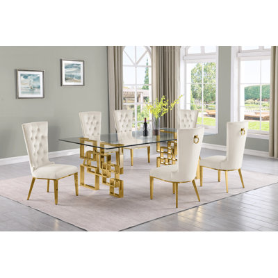 Ensemble de salle à manger rectangulaire en verre transparent avec chaises en velours L 95 po x l 46 po Borel