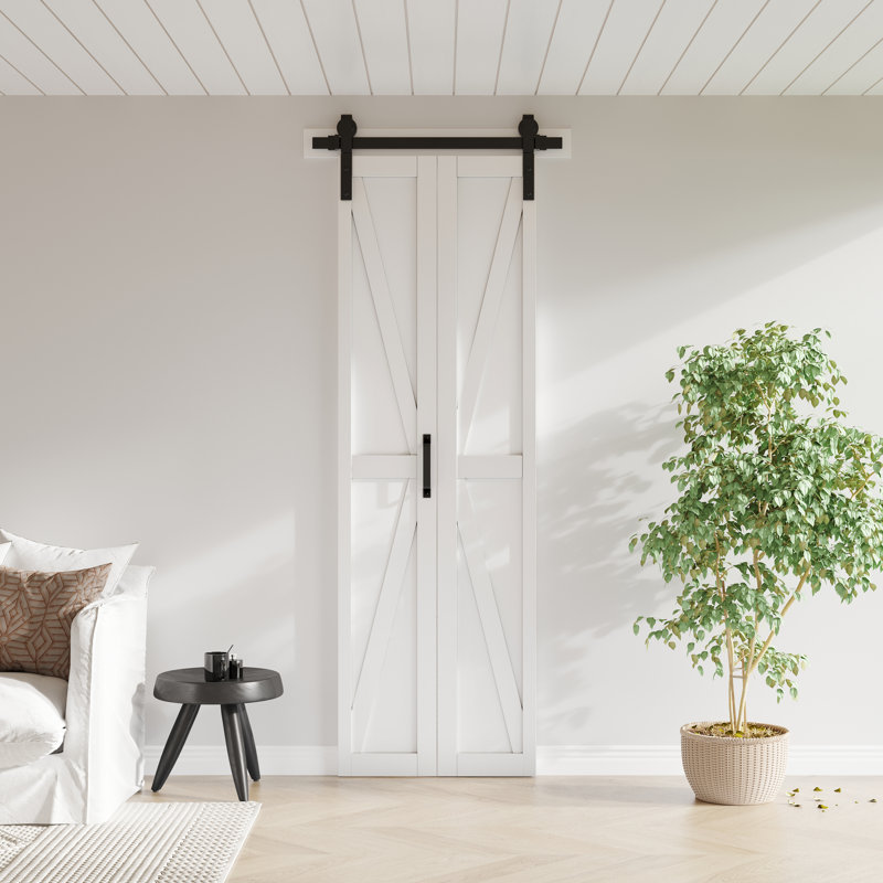 Porte de grange pliante en forme de K, âme pleine, blanche, 25 po x 84 po, avec trousse de quincaillerie d'installation (idéale pour les armoires, les garde-manger, les buanderies et autres petites pièces).