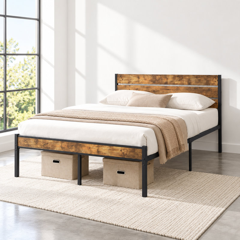 King Size Bed Frame with Wood Headboard, Heavy Duty Metal Platform Bed with Under Bed Storage, Reinforced Frame with Sturdy Slats