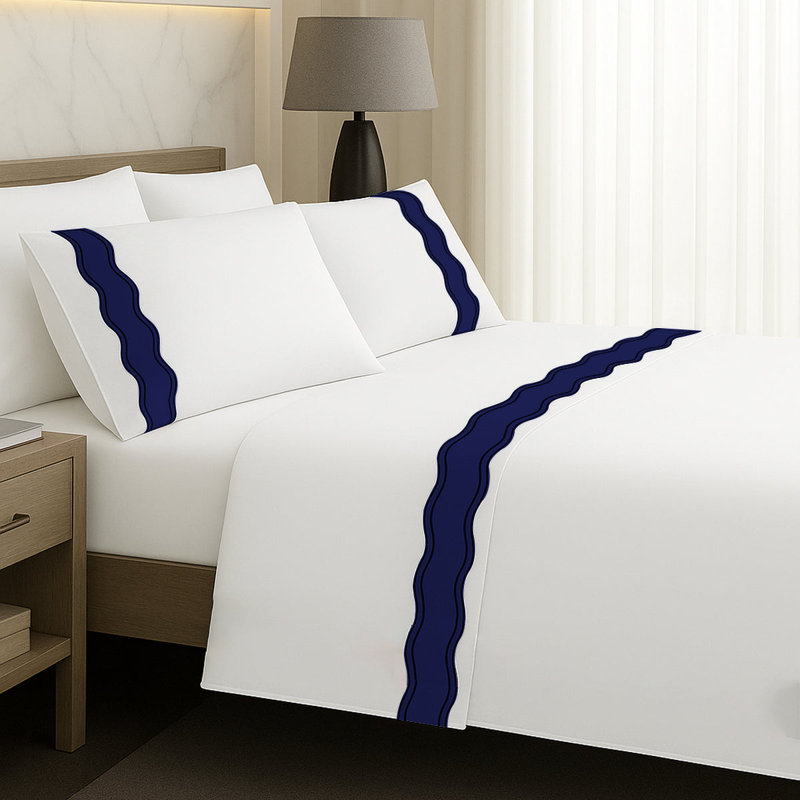 Linen Frame Trim Sheet Set, King Sheet Set, Navy Blue
