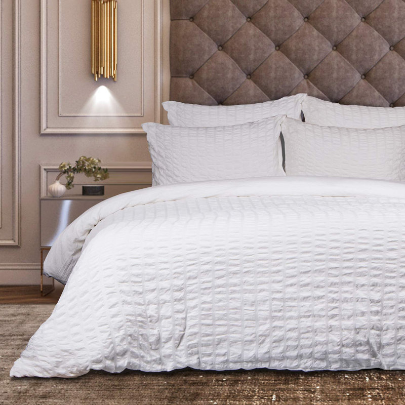 King Navy Blue Seersucker Microfiber Duvet Cover Set