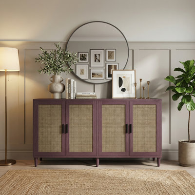 Buffet 70 po en rotin de 70 po avec 4 portes et tablettes réglables, rangement pour la cuisine, le salon, la salle à manger, brun