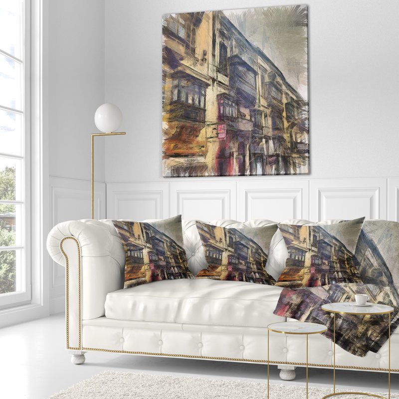 Coussin de peinture à l’aquarelle cityscape old city street, 18 po x 18 po, Coussin décoratif