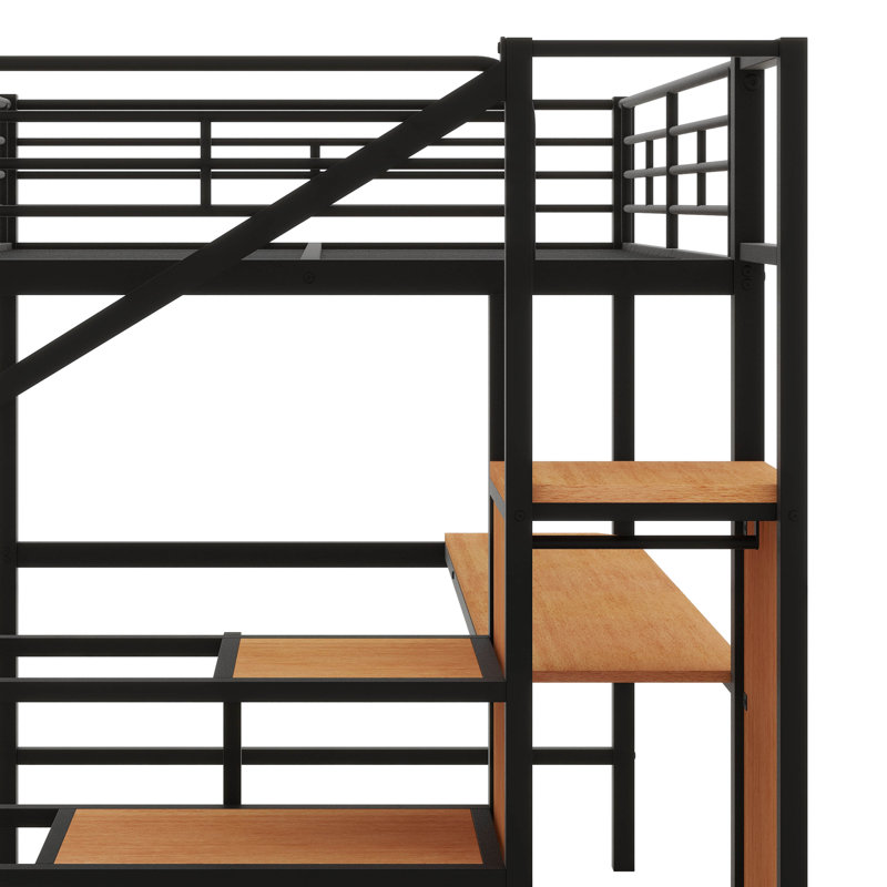 Lit mezzanine double avec bureau et escalier de rangement, lit mezzanine en métal avec lumières DEL et petite armoire, Noir