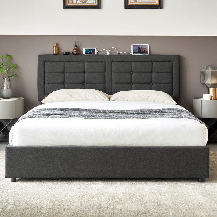 Kempst Bed Frame with Charging Station, Upholstered Platform Bed Frame with Adjustable Headboard