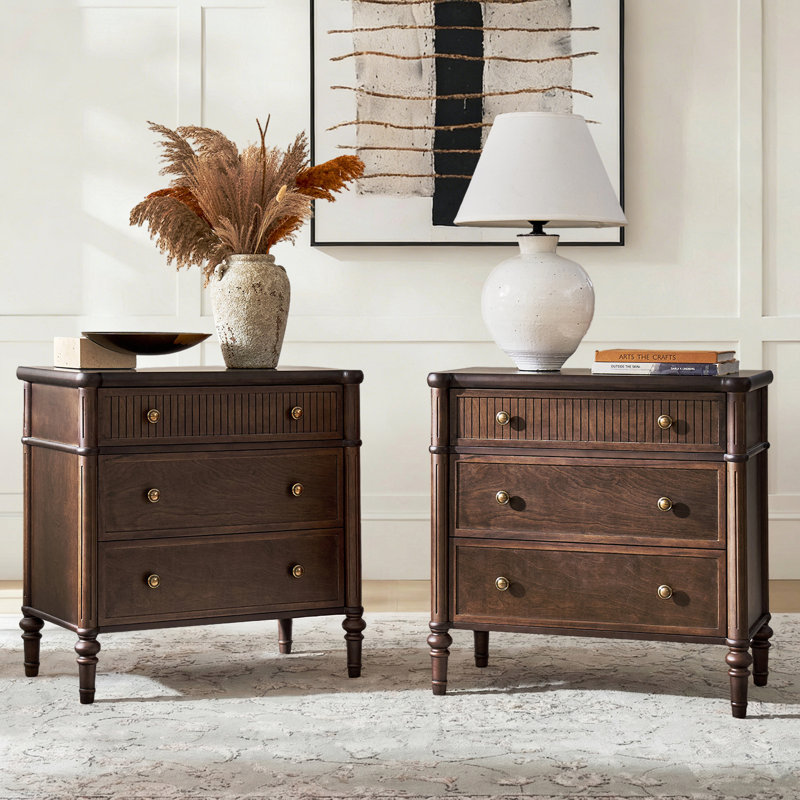 Hoai 28" W 3-Drawer Nightstand with Power Outlets, Walnut