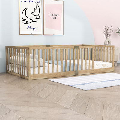 Twin Wood Low Profile Platform Bed with High Safety Fence