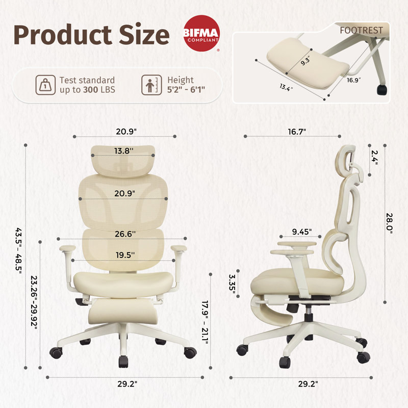 Ergonomic Mesh Task Chair, High Back Office Chair with 3-Level Recline Lock, Task Chair with Adjustable Headrest & Armrest & Backrest, Lumbar Support, and Retractable Footstool