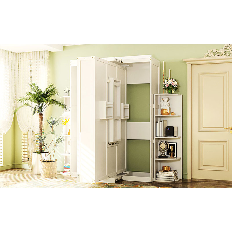 Lit rotatif avec armoire murale cachée, deux tablettes latérales à 3 niveaux, bureau convertible, rangement supplémentaire, idéal pour les petits espaces et les bureaux à domicile compacts, espace de travail blanc grand format 360, espaces,