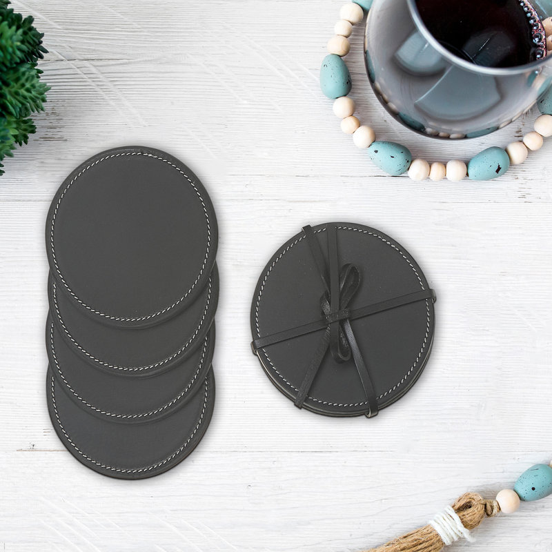 Set of 4 Round Brown Leather Coasters