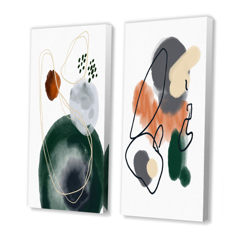 «Dark Green and Orange Abstract Composition», ensemble de 2 peintures sur toiles, Toile tendue, H 20 po x l 24 po x P 1 po