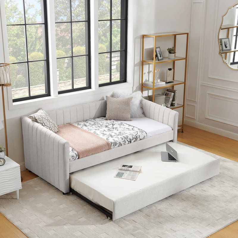 Yamit Daybed With Trundle Upholstered Sofa Bed, With Vertical Stripes, Linen Fabric, Beige, Twin