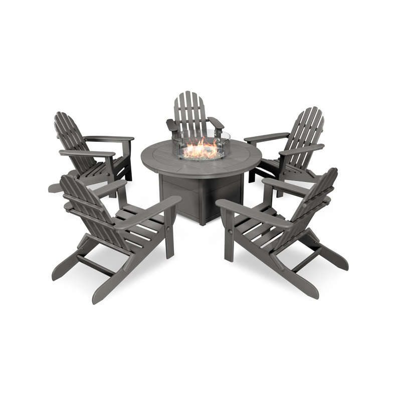 POLYWOOD Classic Folding Adirondack 6-Piece Conversation Set with Fire Pit Table, Slate Gray