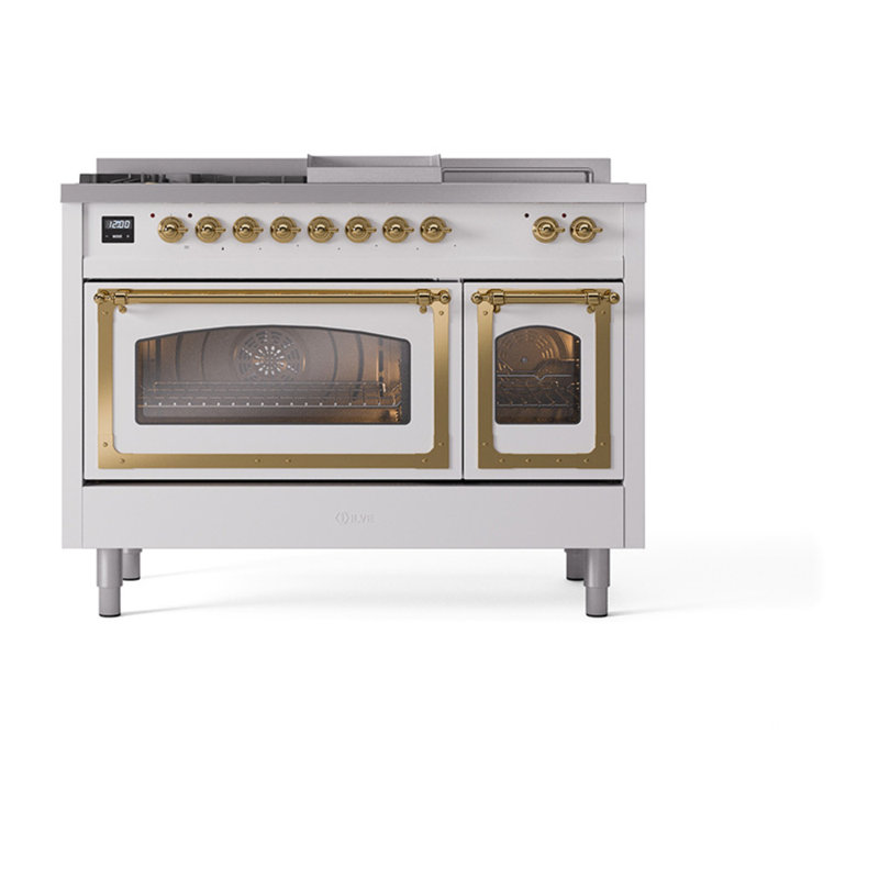 ILVE Nostalgie II Series Noblesse 48 inch Dual Fuel Range with 5 Sealed Burners, Griddle, Frenchtop (Glass Door), Burnished