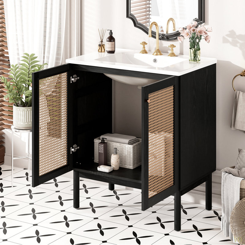 Meuble-lavabo de 30 pouces fabriqué à partir de matériaux naturels, avec des portes en rotin faites à la main et des mécanismes de fermeture en douceur